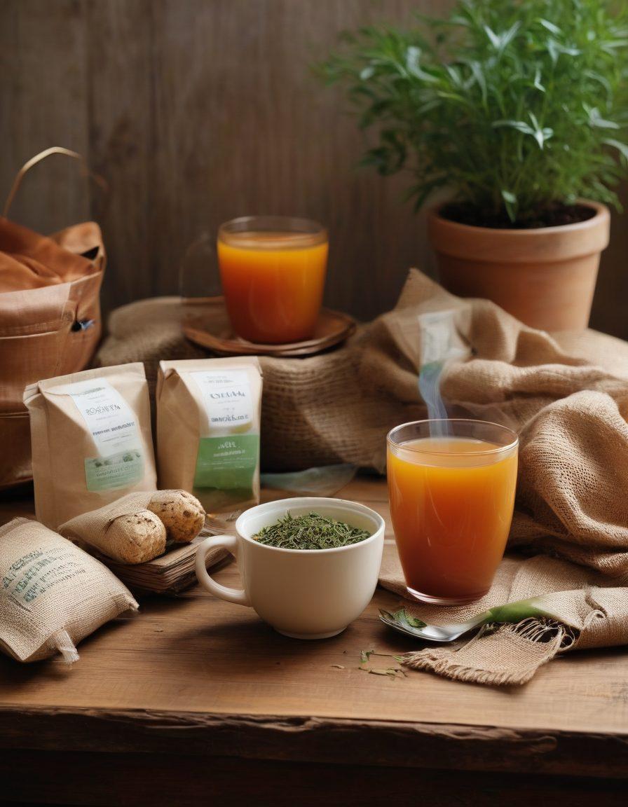 A cozy tea setup featuring various innovative and eco-friendly tea packaging solutions, including biodegradable bags, reusable tins, and plant-based wraps, all arranged on a rustic wooden table. Soft, natural lighting enhances the inviting atmosphere, with fresh tea leaves scattered around and a steaming cup of tea in the center. Include elements of nature, like small potted herbs in the background, to emphasize sustainability. super-realistic. warm colors. organic textures.