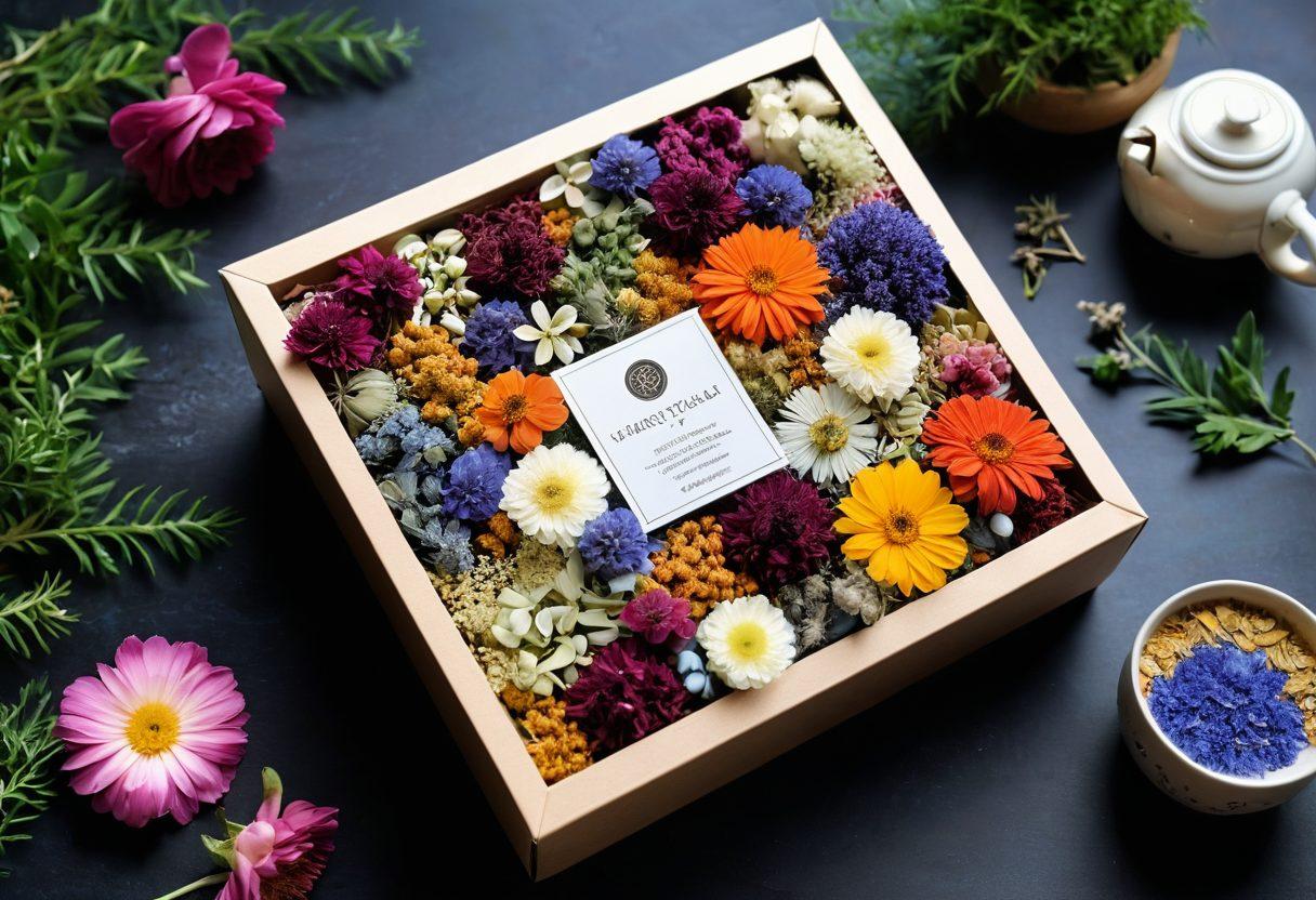 A beautifully crafted custom gift box, intricately designed with vibrant floral patterns, surrounded by herbal infusion ingredients like dried flowers and herbs. Soft, warm lighting highlights the textures of the packaging materials, giving a cozy and inviting feel. Include a teacup beside the box, suggesting the idea of enjoying herbal tea. An aesthetic background featuring a serene, natural setting emphasizes the connection to nature. vibrant colors. super-realistic. soft lighting.