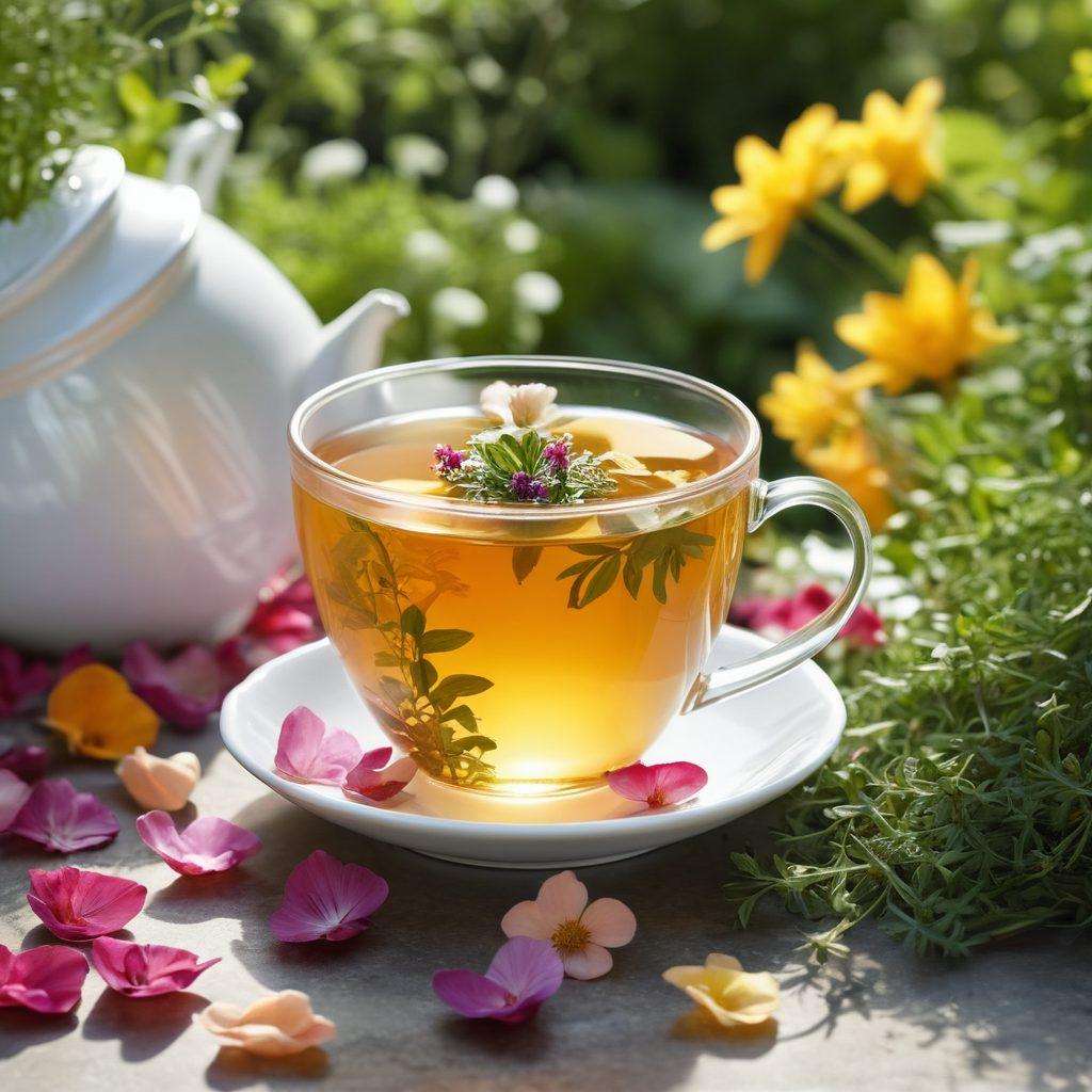 A serene tea scene featuring beautifully designed infuser bags floating in a delicate tea cup, surrounded by fresh herbs and vibrant flower petals. The background showcases a tranquil, sunlit garden with lush greenery and soft sunlight filtering through leaves. Add a touch of elegance with a subtle emphasis on eco-friendly materials. super-realistic. vibrant colors. sunny garden atmosphere.
